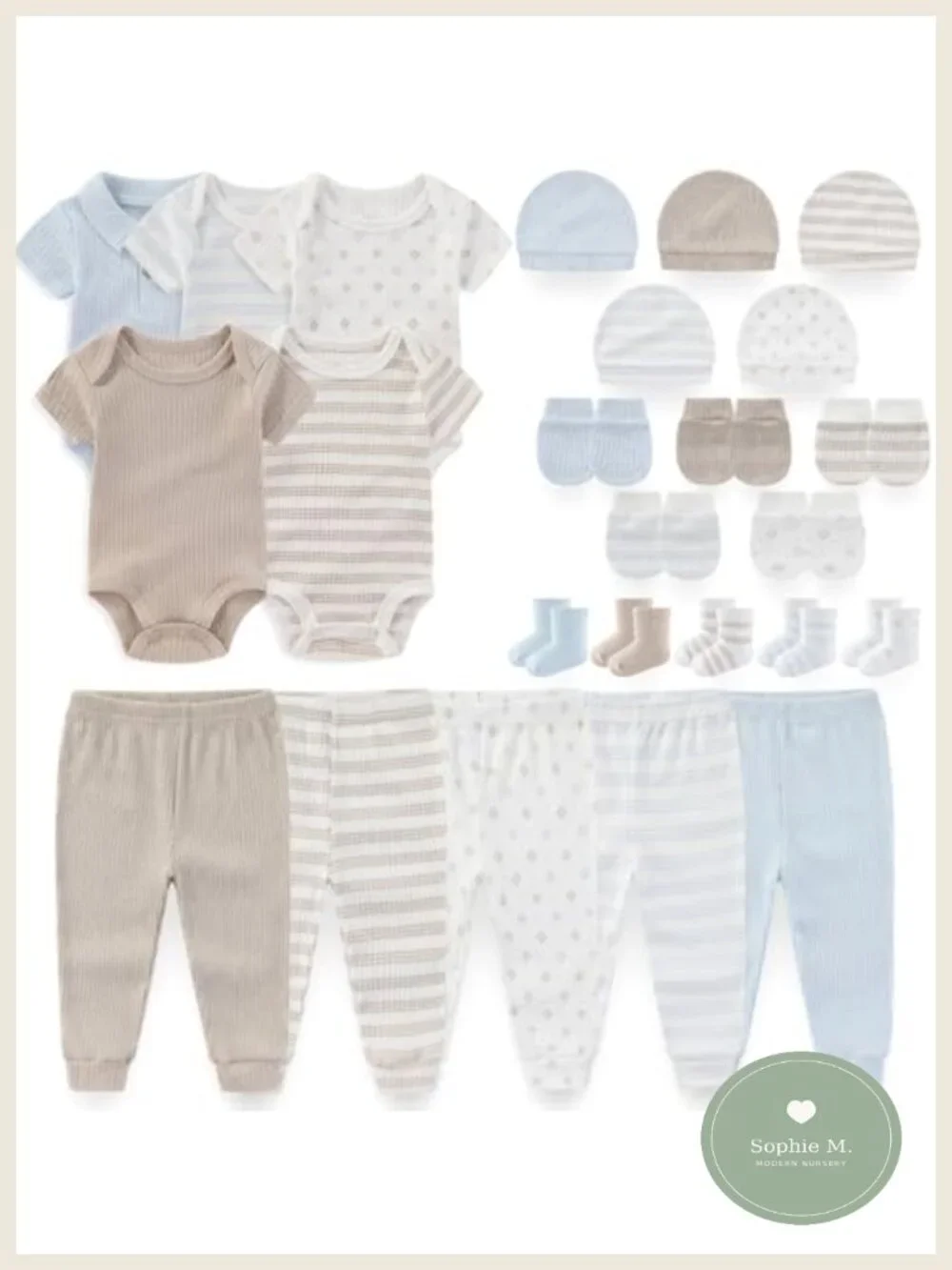 Newborn Baby Layette Gift Set - 5 Bodysuits, Pants, Hats, Gloves, Socks - 100%